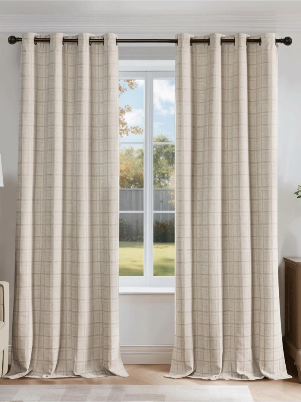 Beige Plaid Textured Curtain Panel - Beige